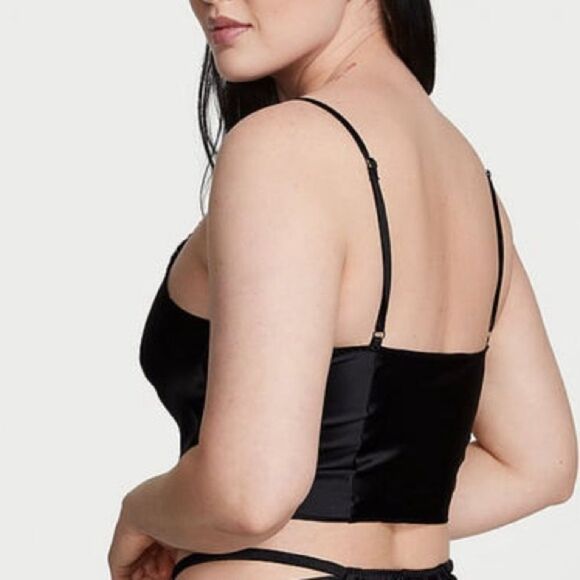 Victoria’s Secret Black Lace-Up Satin Cami with Floral Lace Embroidery Size XL - Picture 2 of 7